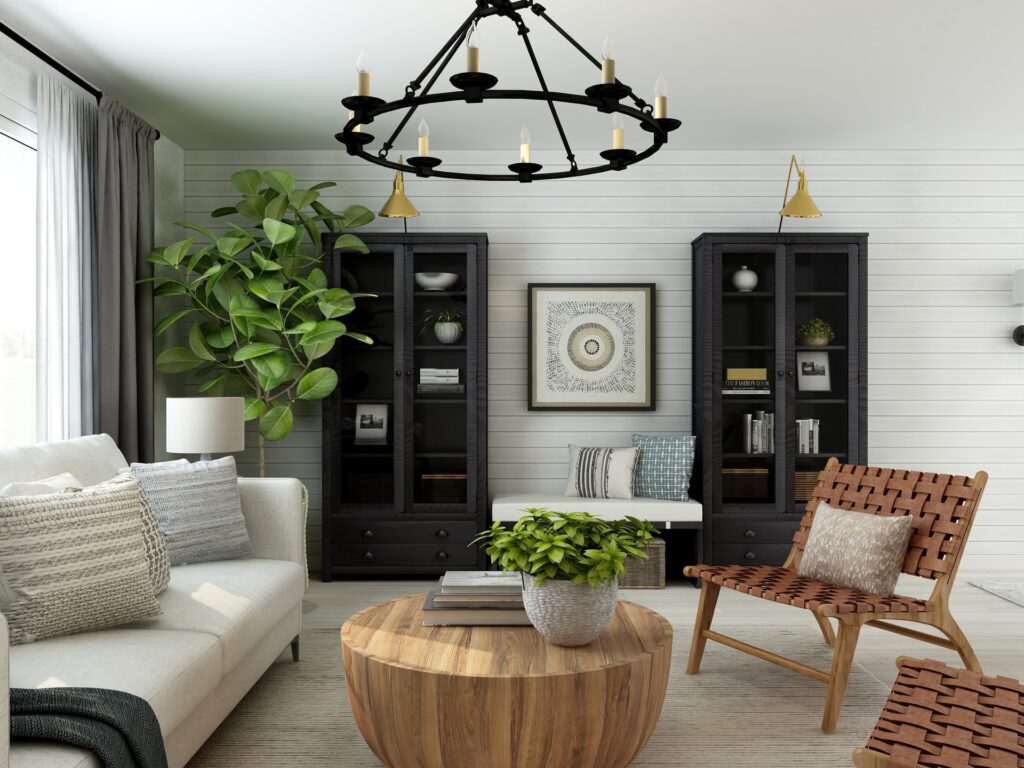 a transitional living room with a variety of textures and styles