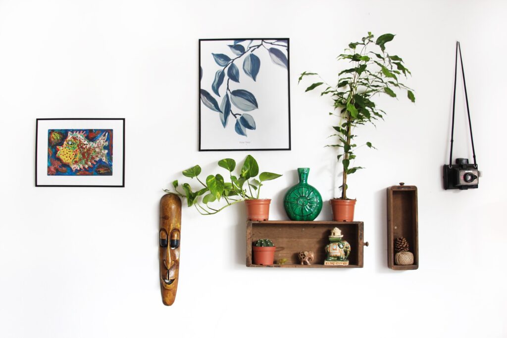 hanging shelves, knickknacks, art, and plants