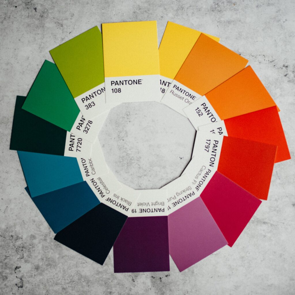 a rainbow of pantone color swatches to help pick paint color