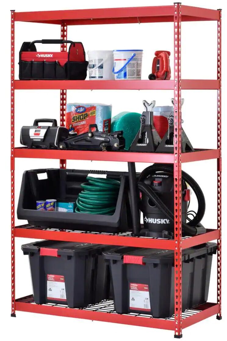 red shelving unit to organize your garage