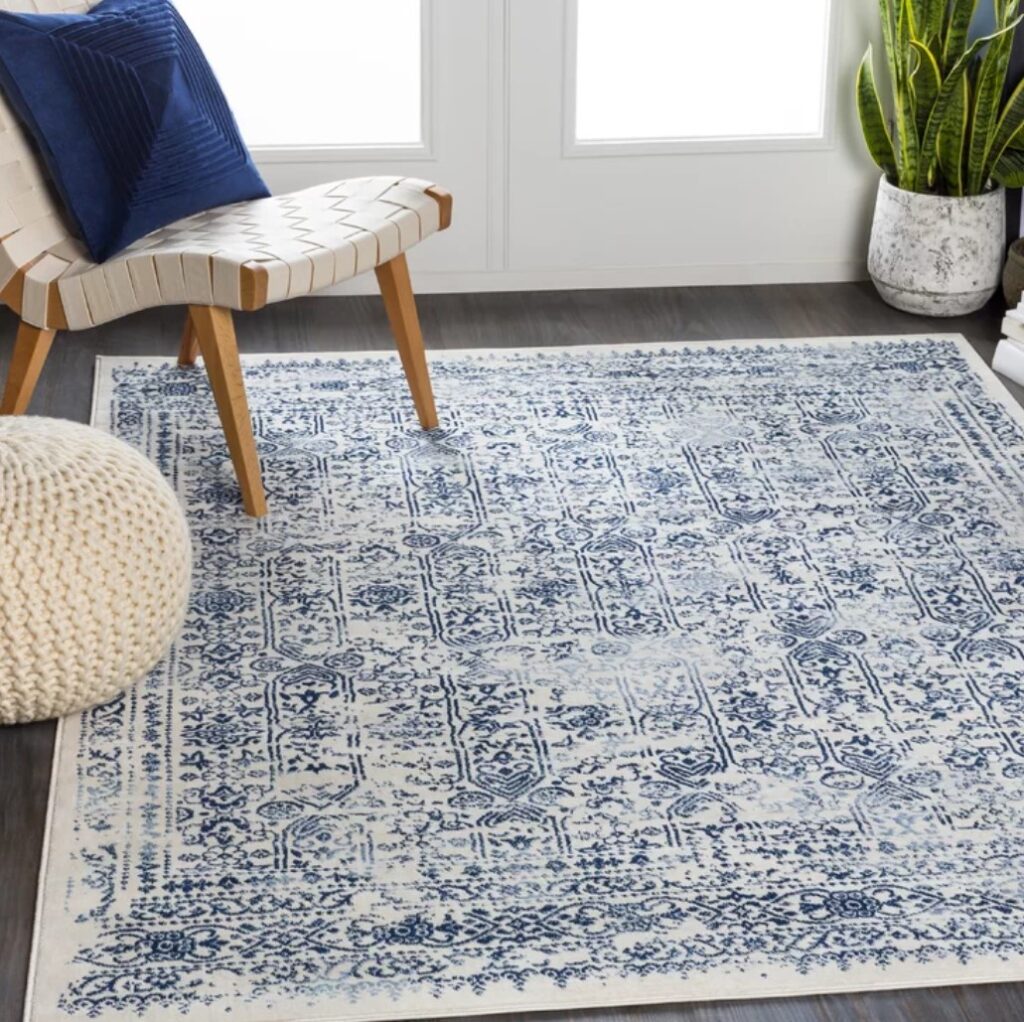 blue and white floral rug