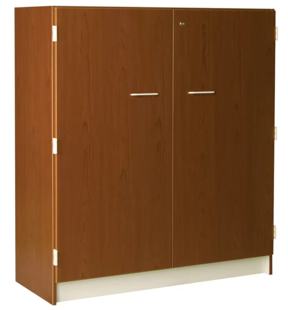a very tall, light brown cabinet for school storage