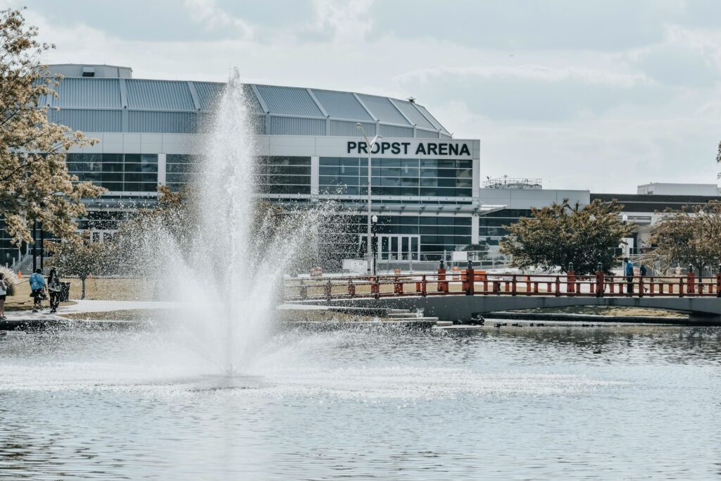 A fountain in front of Propst Arena in Huntsville, Alabama