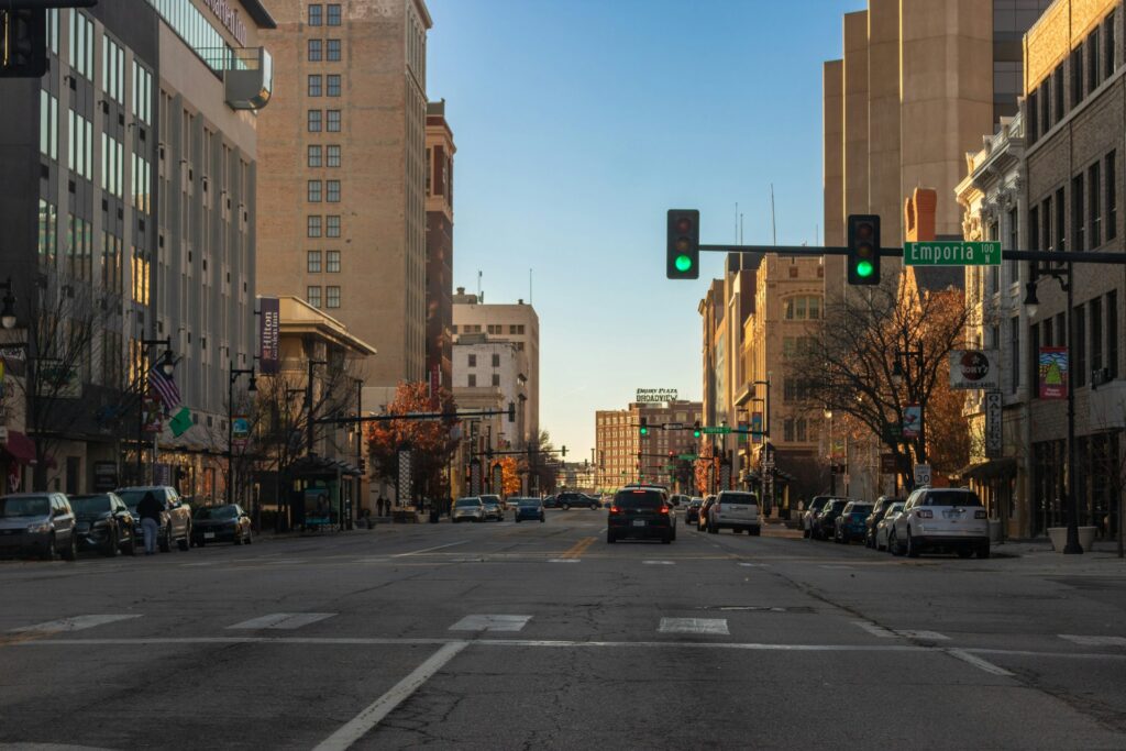 A road in Wichita, Kansas, with tall buildings on either side