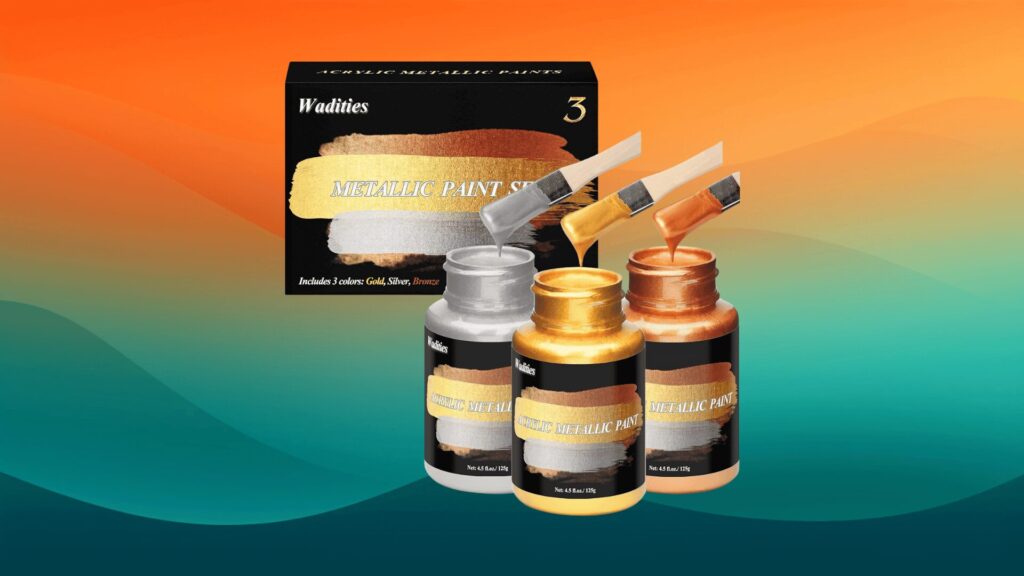 silver, gold, and rose gold metallic paints in front of an orange and teal background