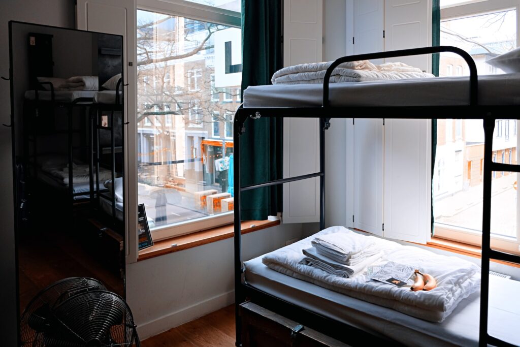 a metal-framed bunk bed