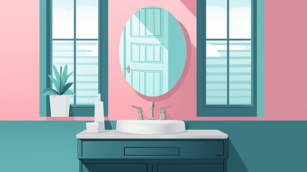 mirror and sink in a pink bathroom