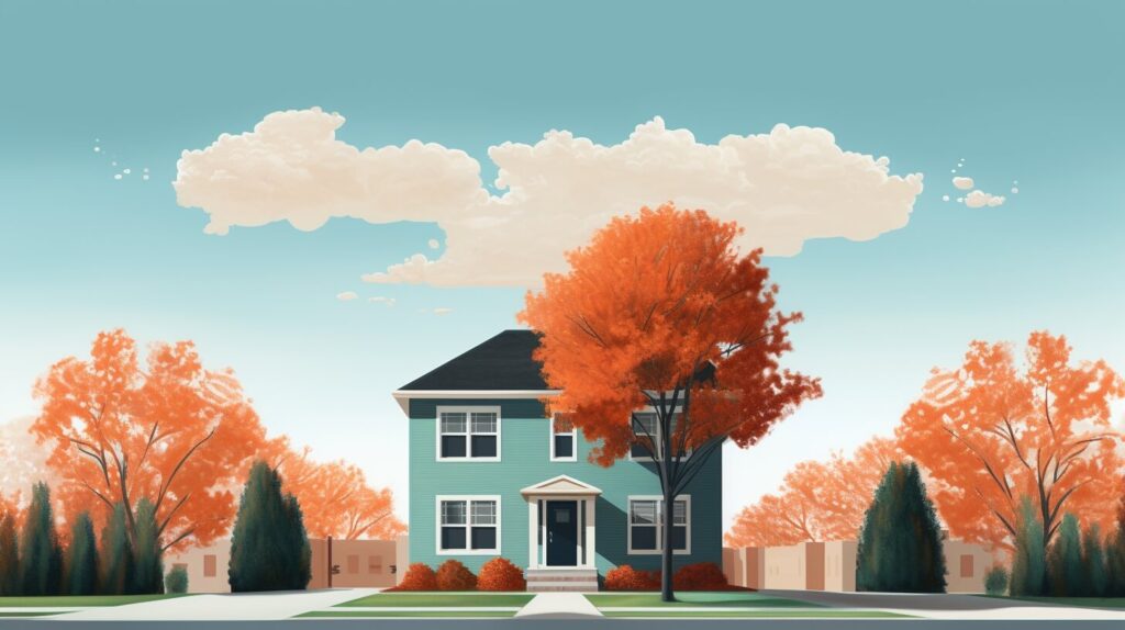 a blue house with an orange tree in front