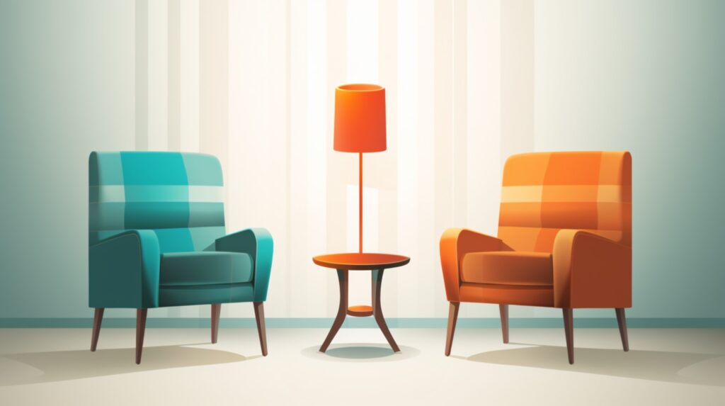 two patterned chairs sitting around a small table and lamp