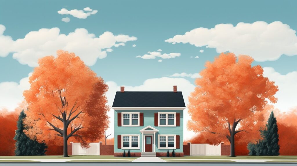 a two story blue house with trees and shrubs around it