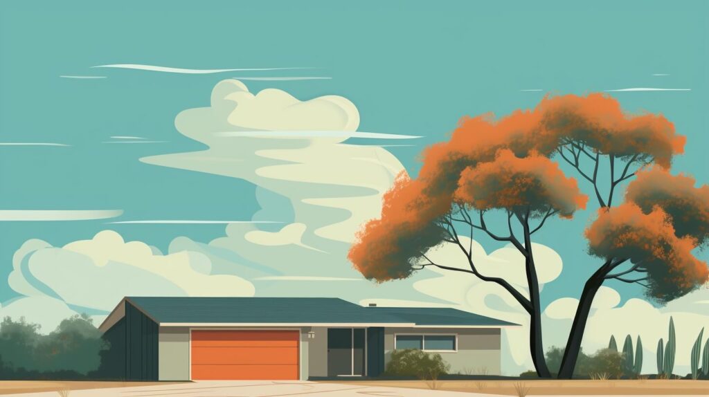 ranch home with an attached garage with an orange door
