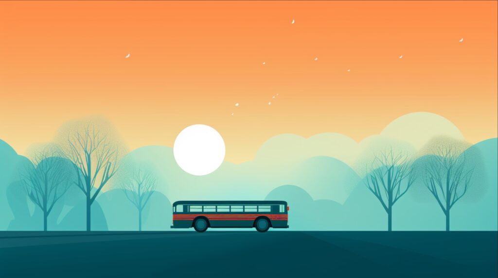 school bus converted into a camper sitting in a field with a sunset in the background