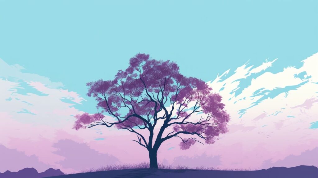 large tree in a field with a sunset in the background