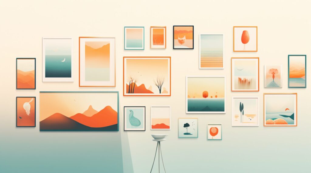 a white gallery wall filled with orange and blue artwork