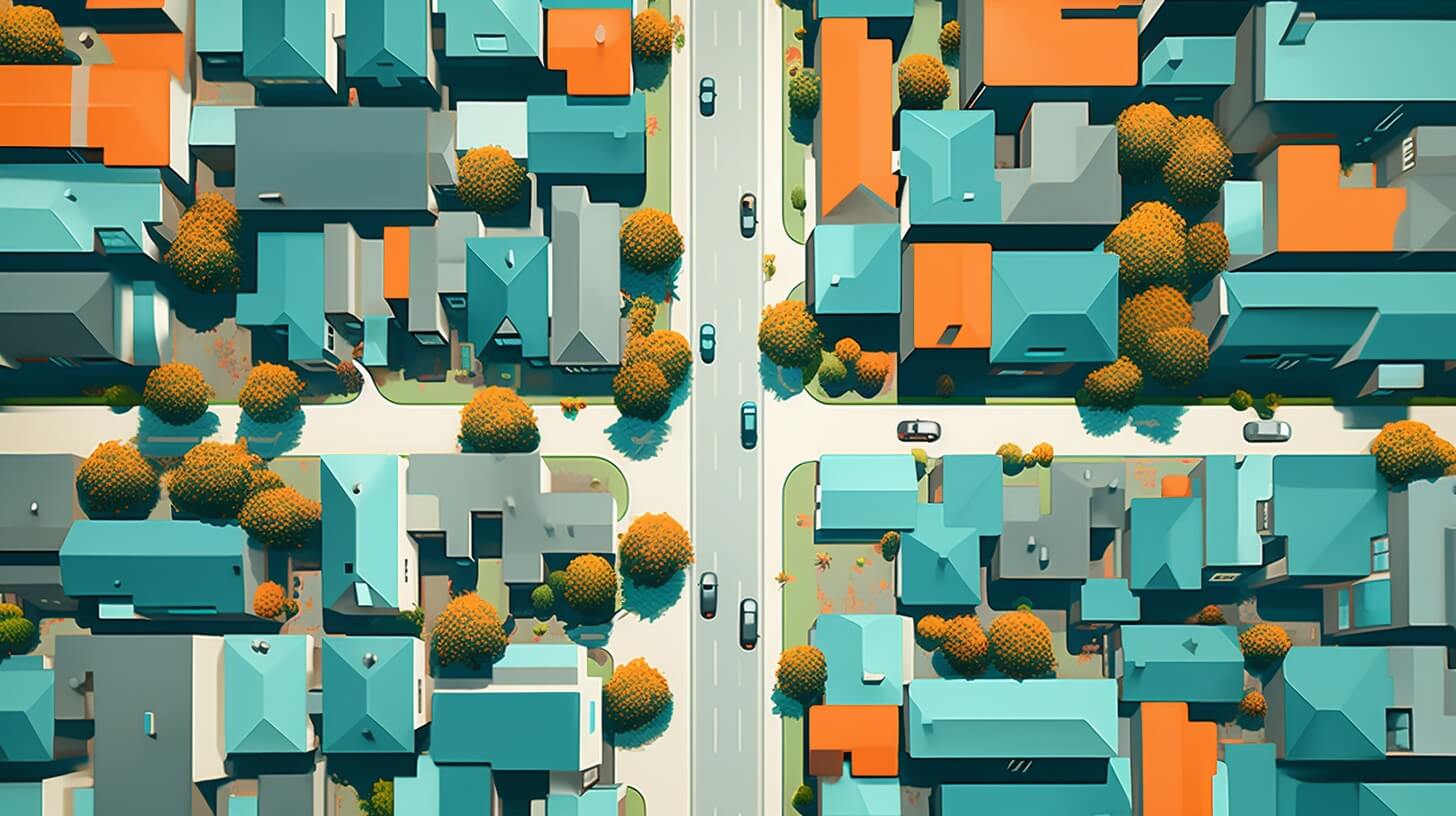 over head view of a neighborhood of homes