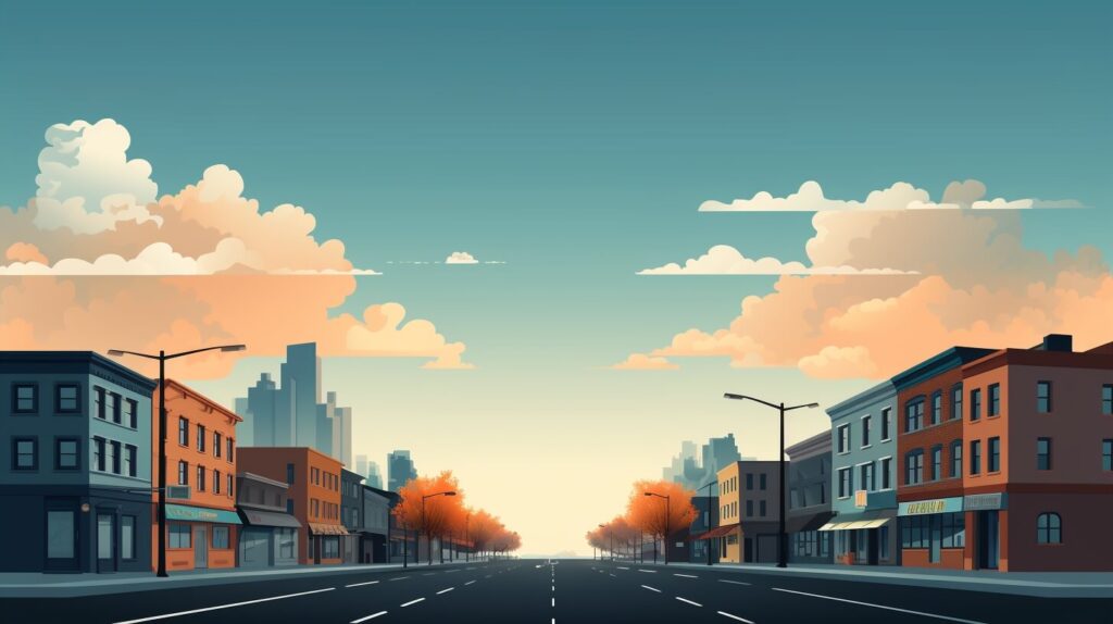 an empty street with buildings on either side