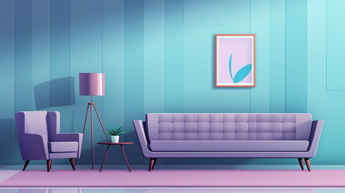 purple couch and chair against a teal wall