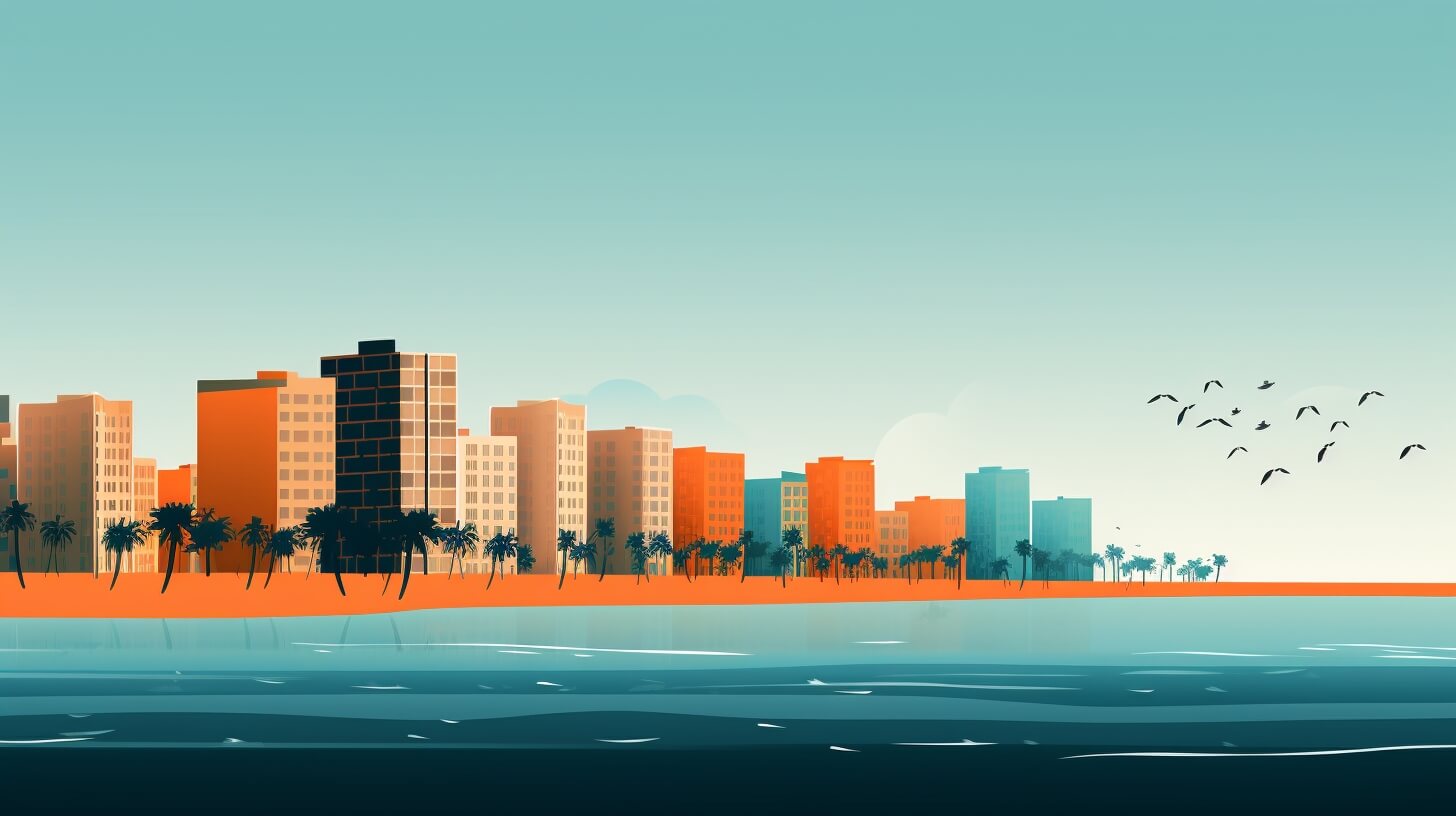 Florida coastline with condos and palm trees