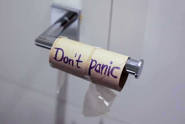 Empty toilet role with "Don't Panic" written on it. 