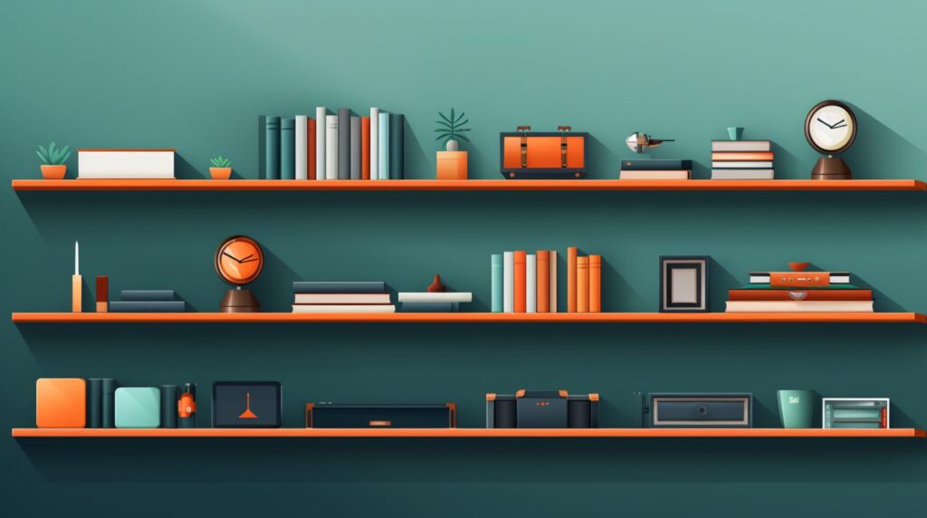 Three shelves with books, plants, and clocks filling them
