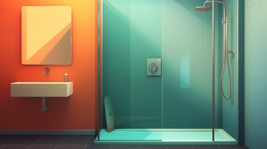 orange and blue bathroom with sink, mirror, and large walk-in shower