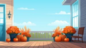 porch with pumpkins and flowers