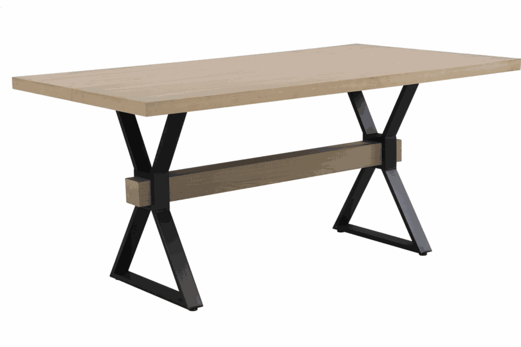 A metal and light wood dining room table. 