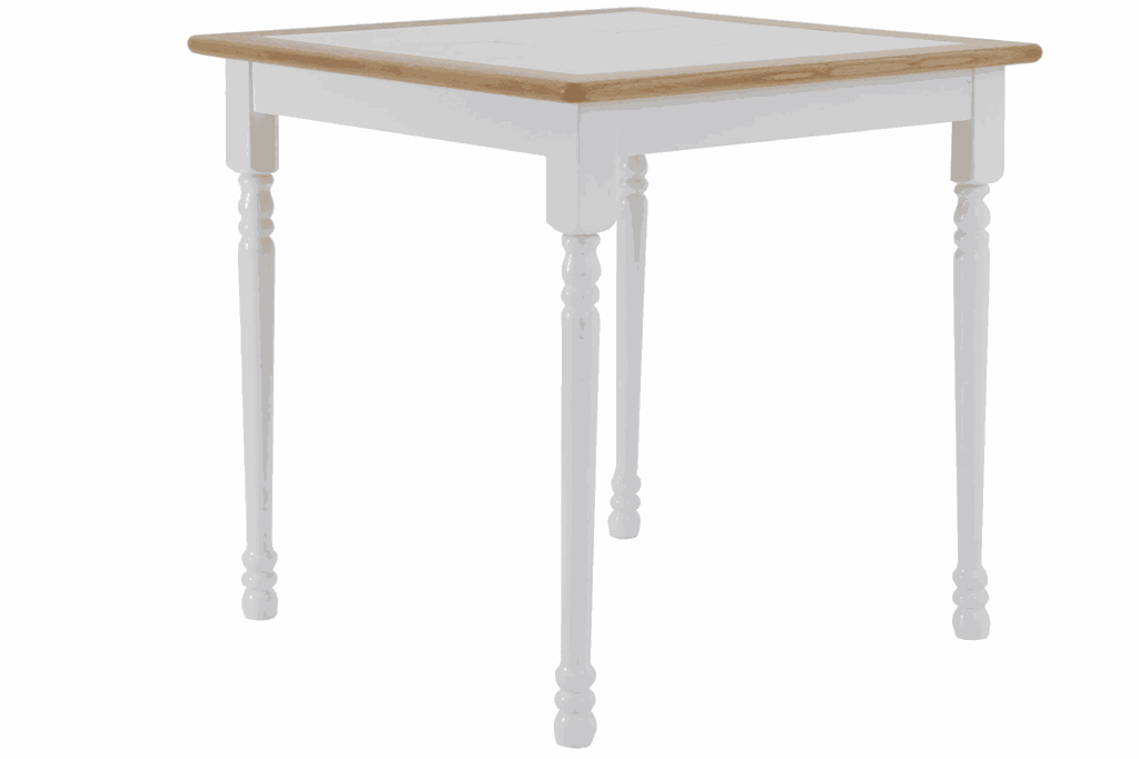 Square white and wood dining room table. 