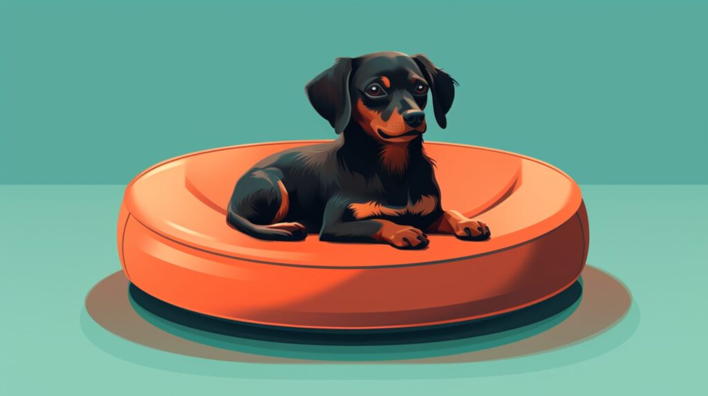 a small black and brown dachshund puppy on an orange dog bed