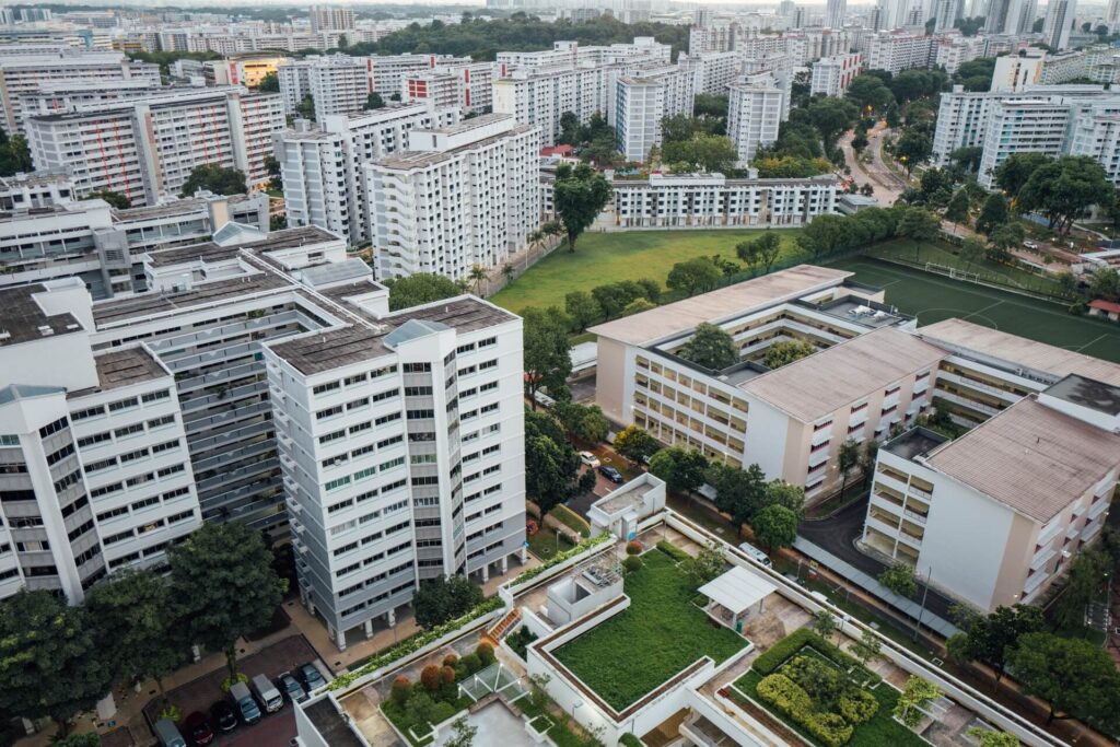 Aerial view of a cluster of apartment buildings
