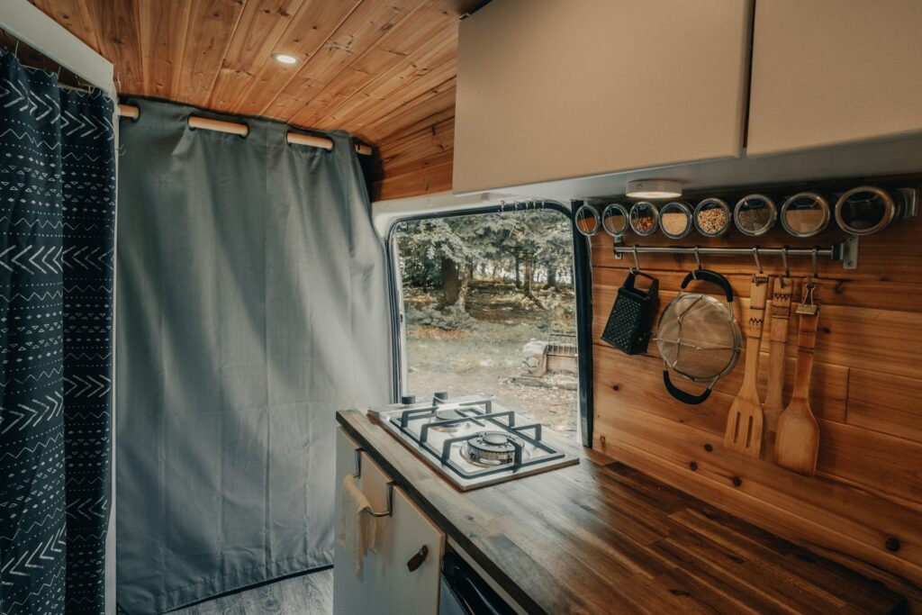 Interior of an RV used as a tiny house.