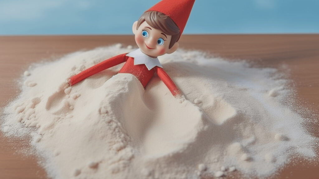elf on the shelf idea making snow angels in sugar