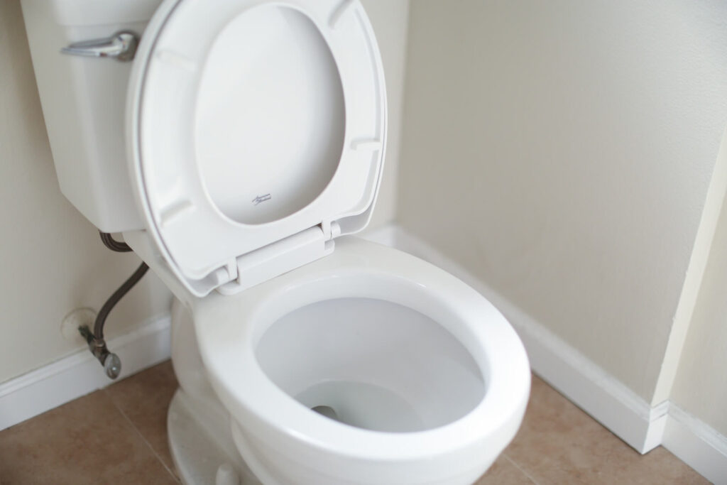A clean toilet with the seat up