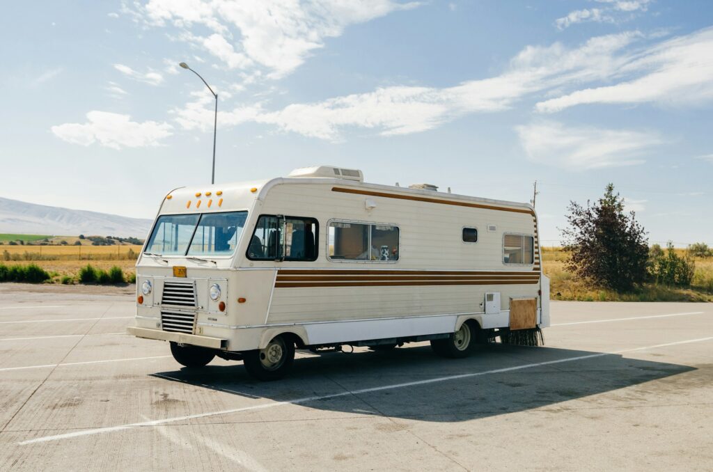 A vintage RV on a road trip