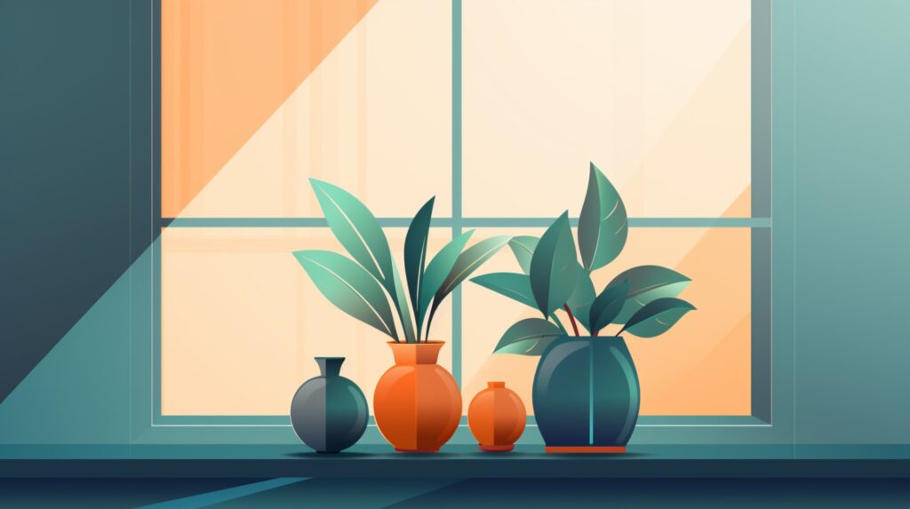 plants in pots sitting in front of a large window