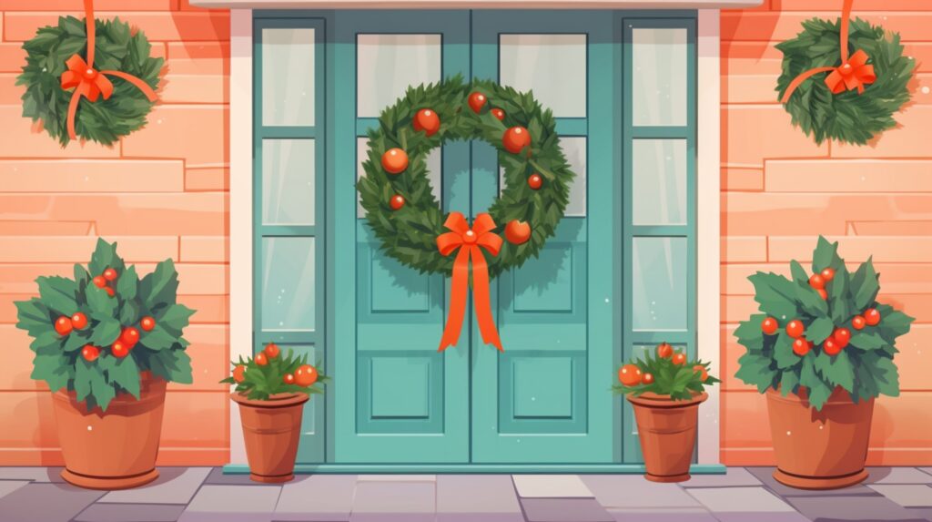 porch decorated with Christmas plants and wreaths