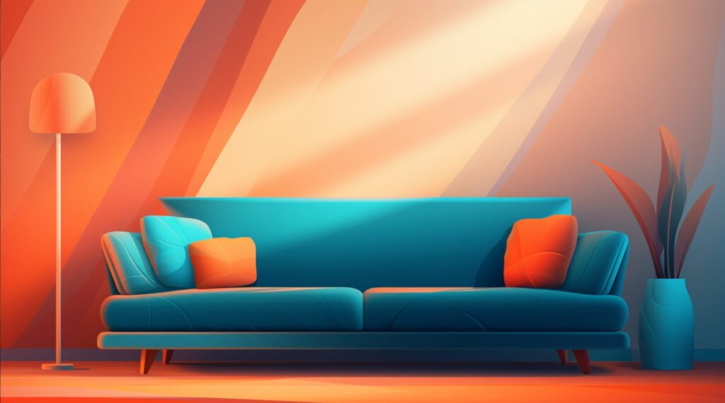 a big blue comfy couch against a sunset orange wallpaper