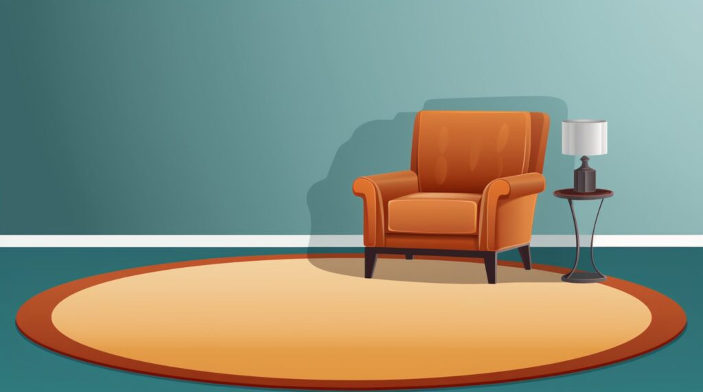 a round rug under a comfy orange chair