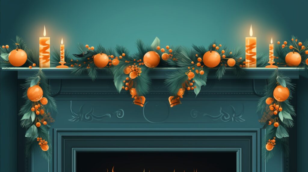 fireplace mantel decorated for Christmas with garlands, ornaments, and candles