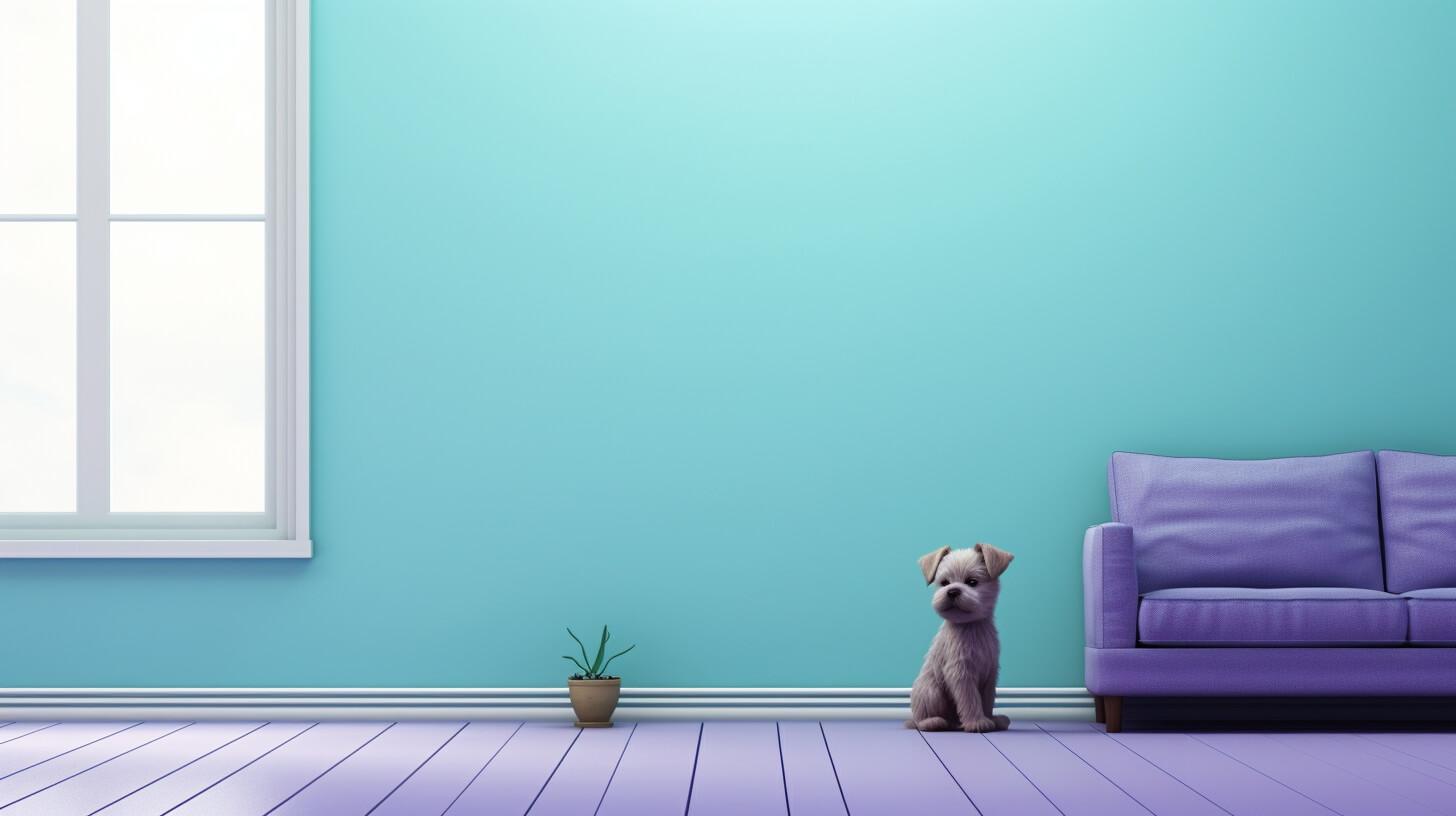 small gray puppy next to a purple couch