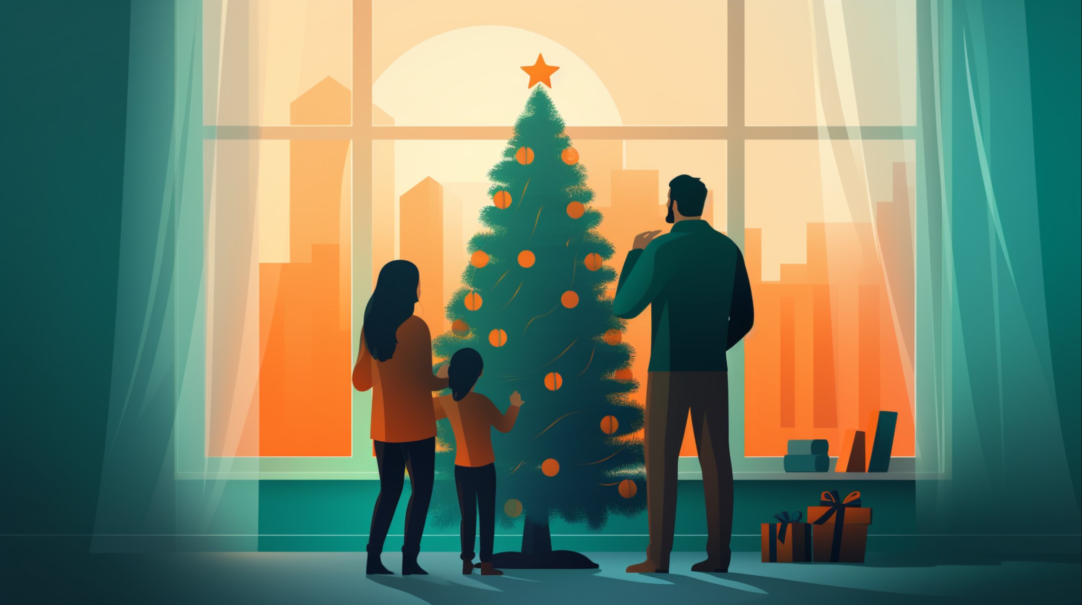 family standing around a Christmas tree