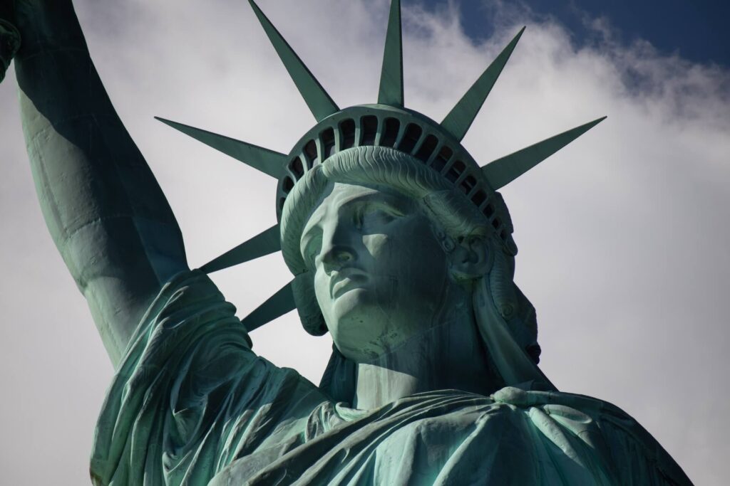 A close-up of the Statue of Liberty.