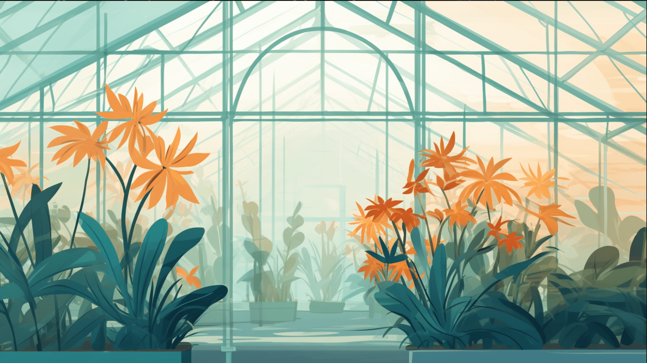 a greenhouse garden with orange flowers blooming