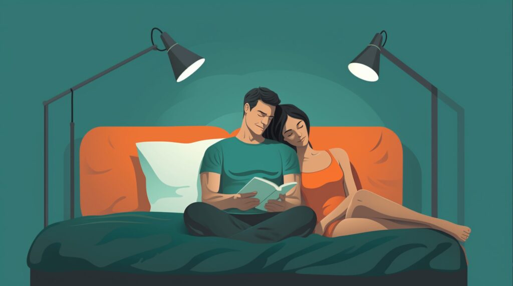 a man and woman in bed. The man is reading with the woman's head resting on his. They both have reading lamps over them