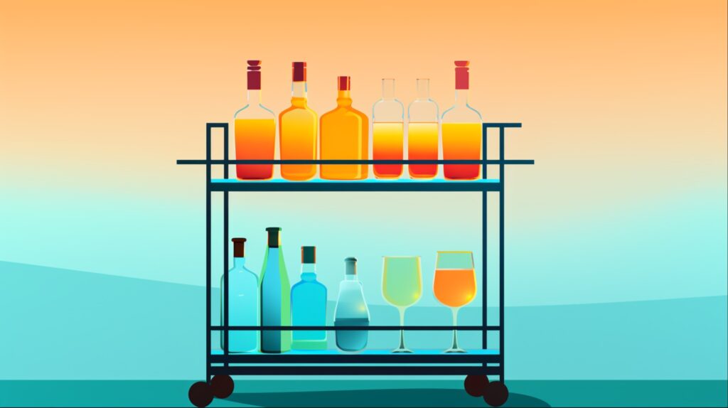 bar cart with alcohol bottles and glasses