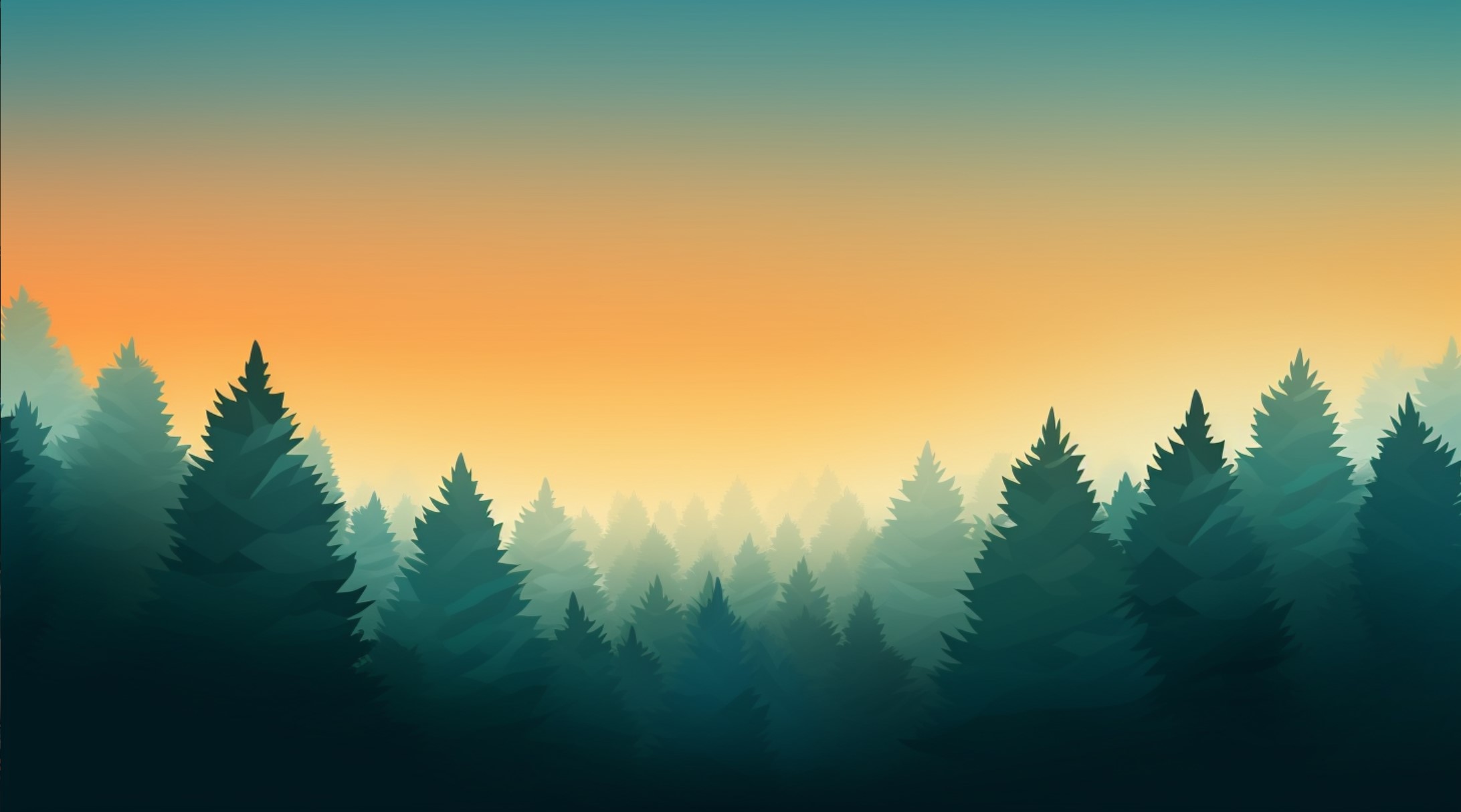 forest of pine trees with sunset in background