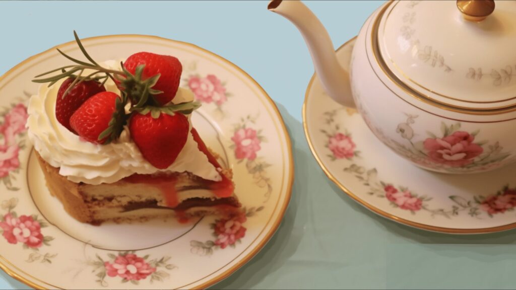 an elegant tea set with a beautiful strawberry dessert on a plate