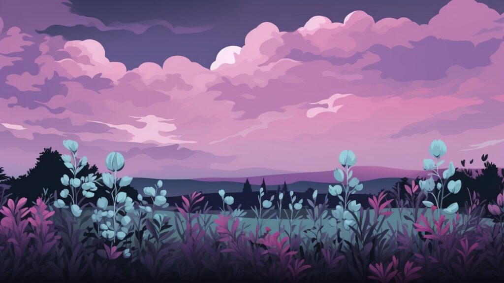 purple and blue flowers on a field