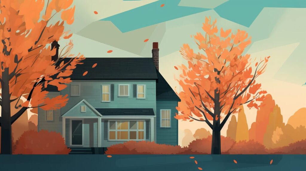 a tudor style blue home surrounded by orange trees