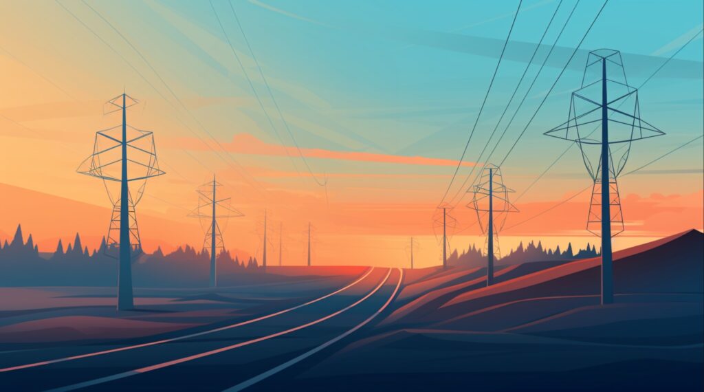 power lines running along a road with sunset in background